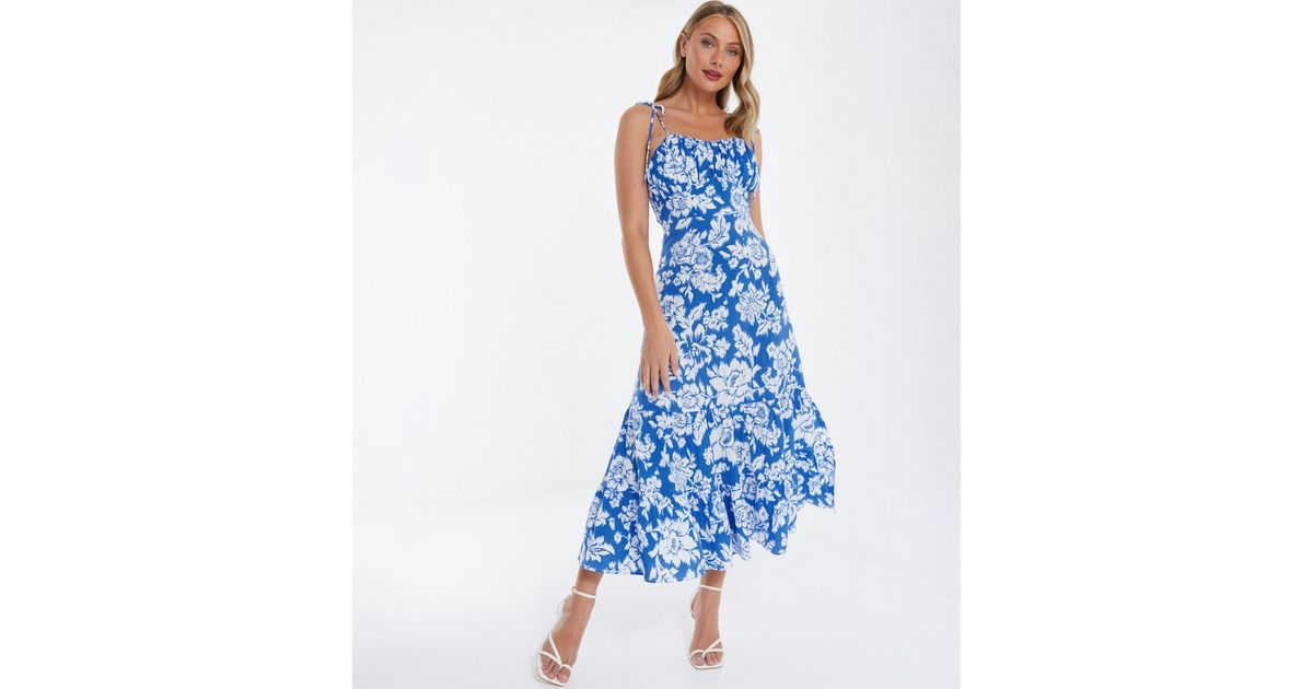 QUIZ Bright Blue Floral Strappy Midi Dress | New Look