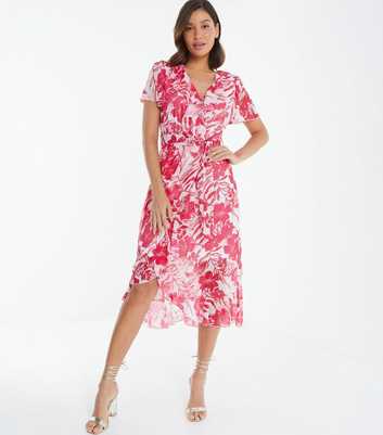 QUIZ Pink Floral Wrap Midi Dress