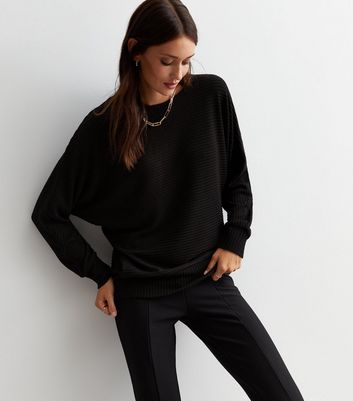 Black Ribbed Knit Batwing Top New Look