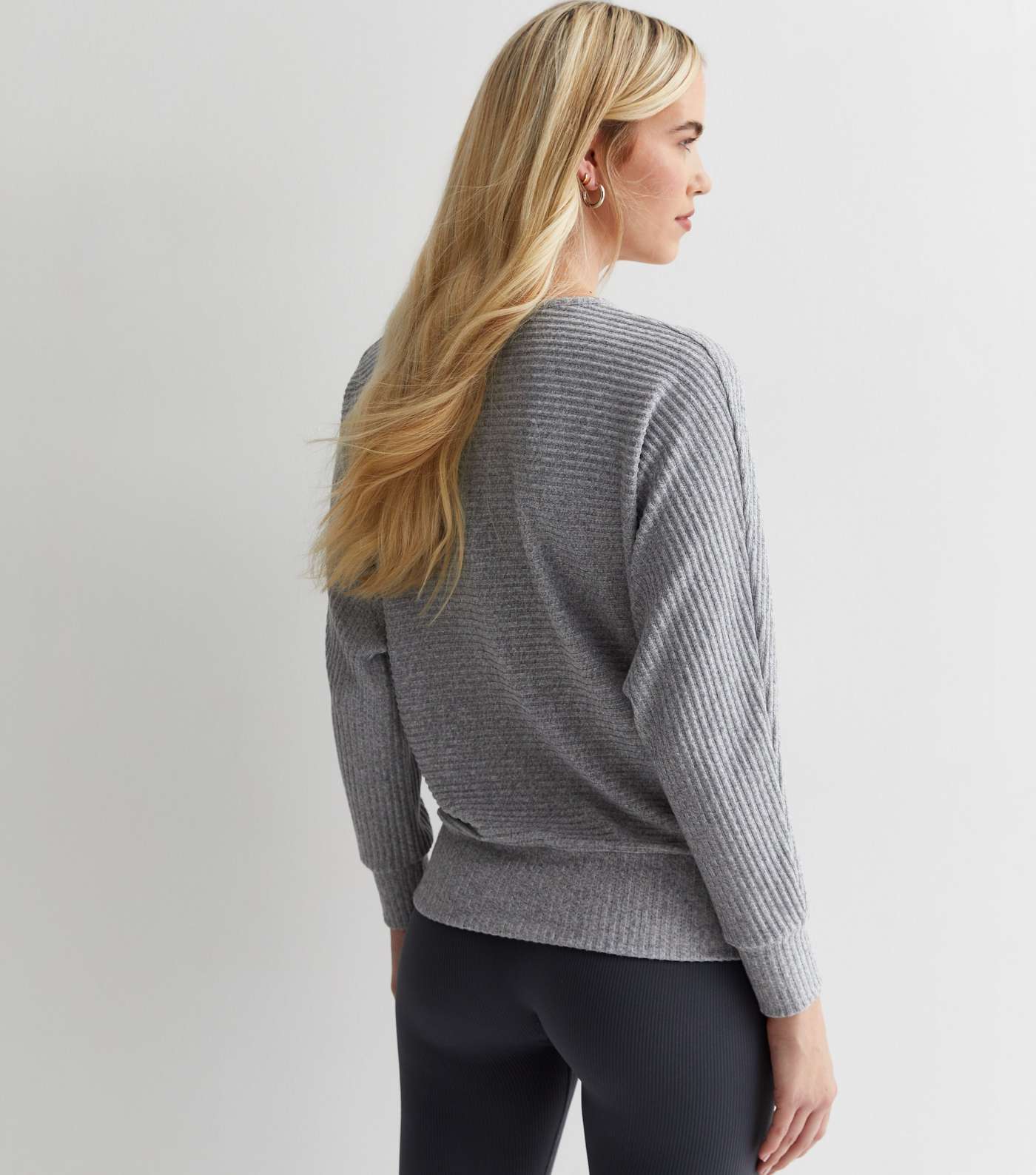 Pale Grey Ribbed Knit Batwing Top Image 4