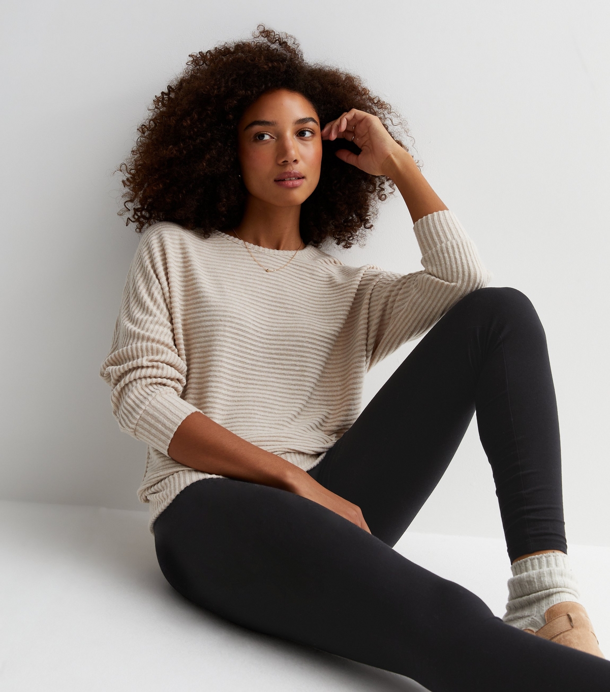 Women's Stone Ribbed Knit Batwing Top New Look