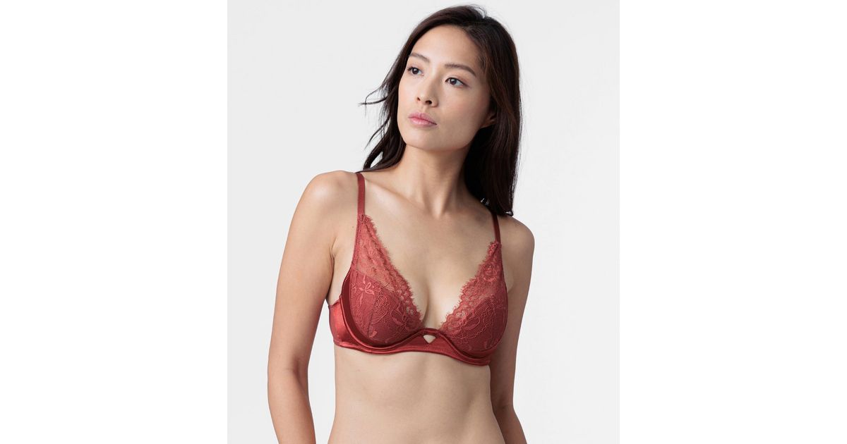 Dorina Red Satin Lace Trim Plunge Bra New Look