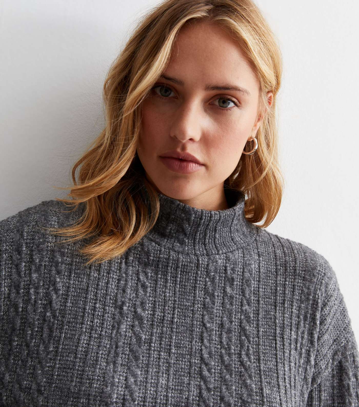 Grey Cable Knit High Neck Boxy Jumper Image 2