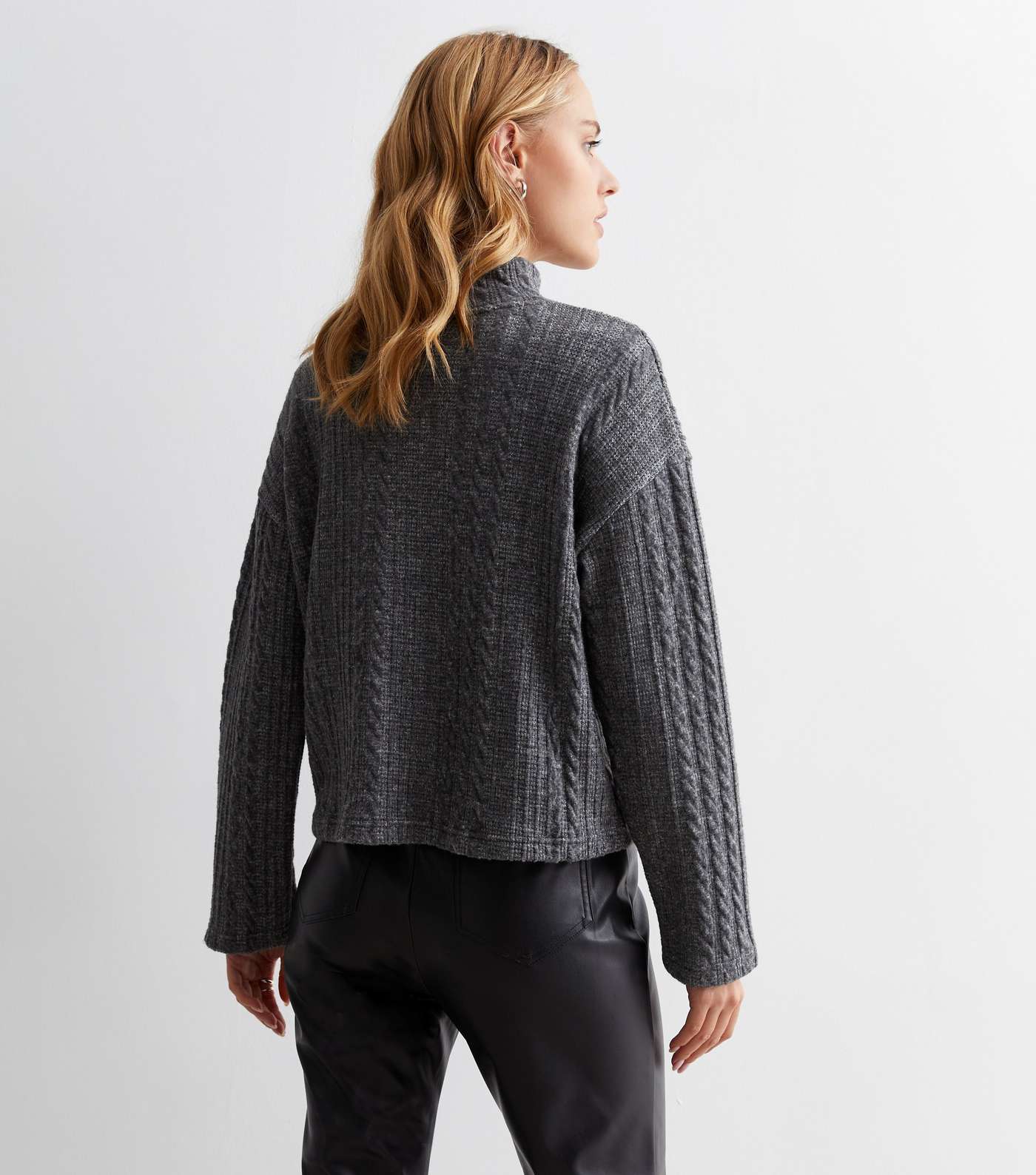 Grey Cable Knit High Neck Boxy Jumper Image 4