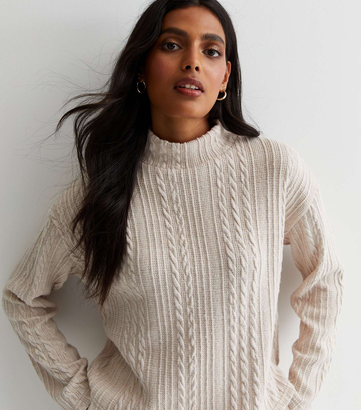 Cream Cable Knit High Neck Boxy Jumper Image 2