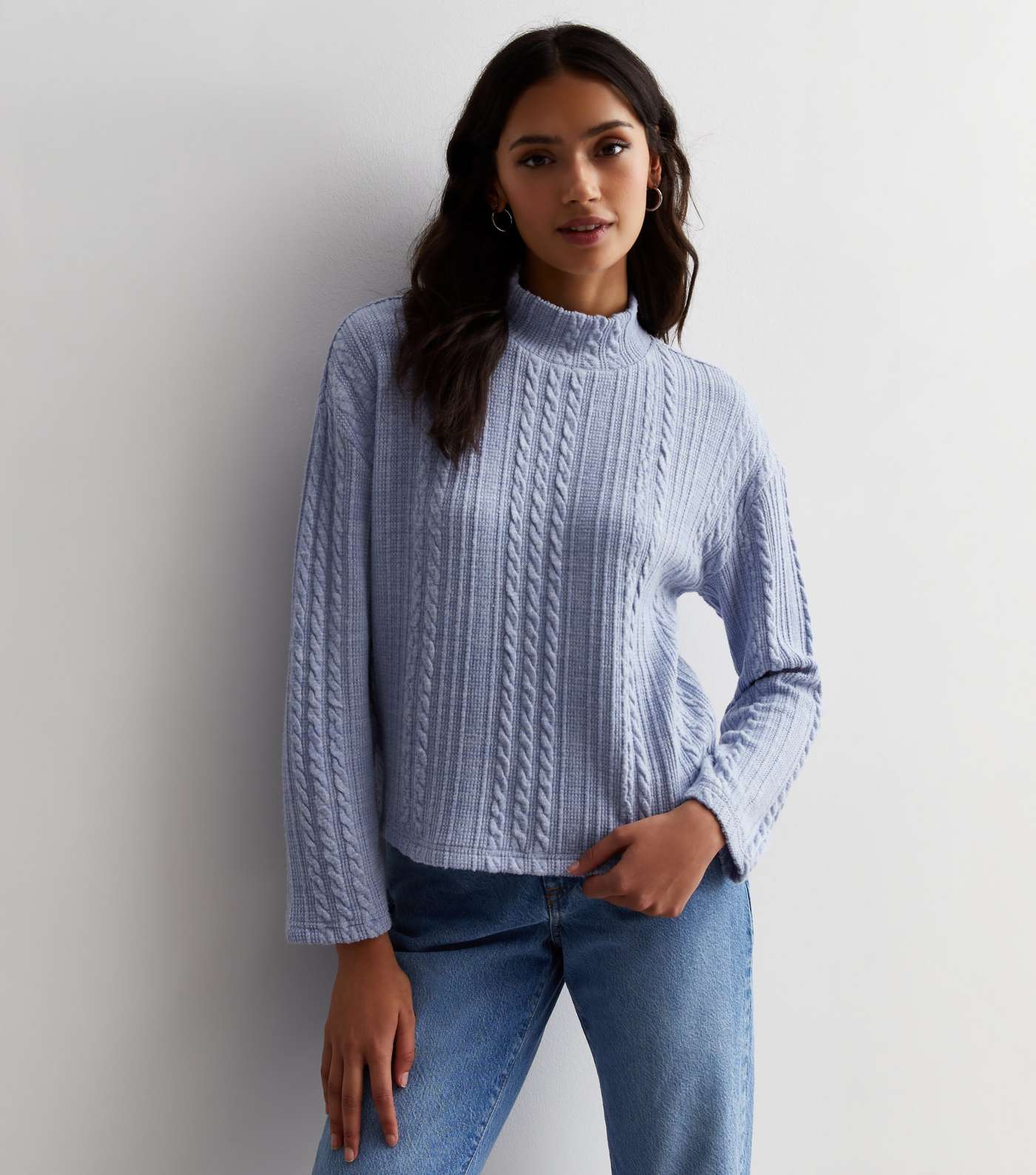 Blue Cable Knit High Neck Boxy Jumper Image 3