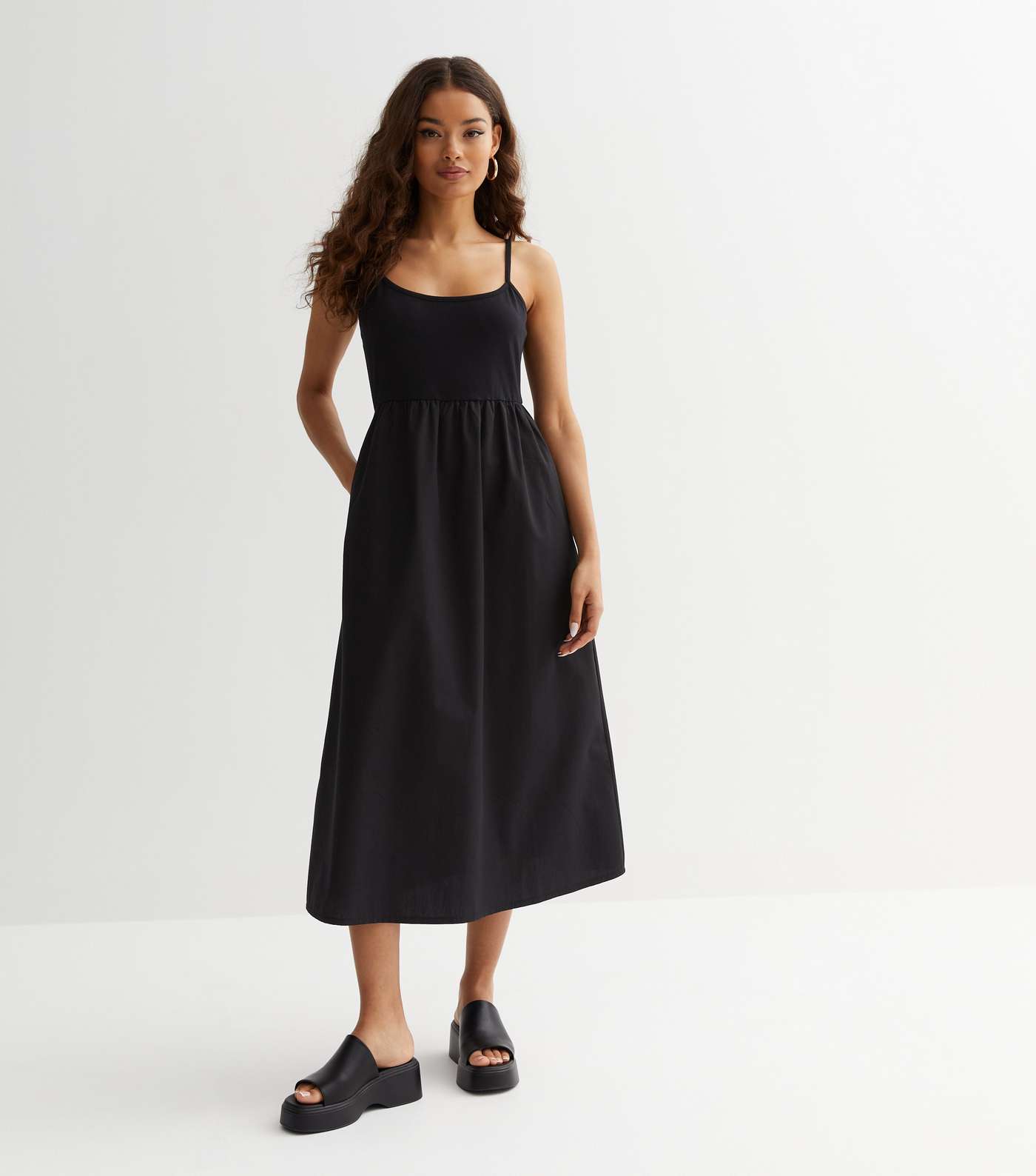Petite Black Poplin Strappy Midi Dress