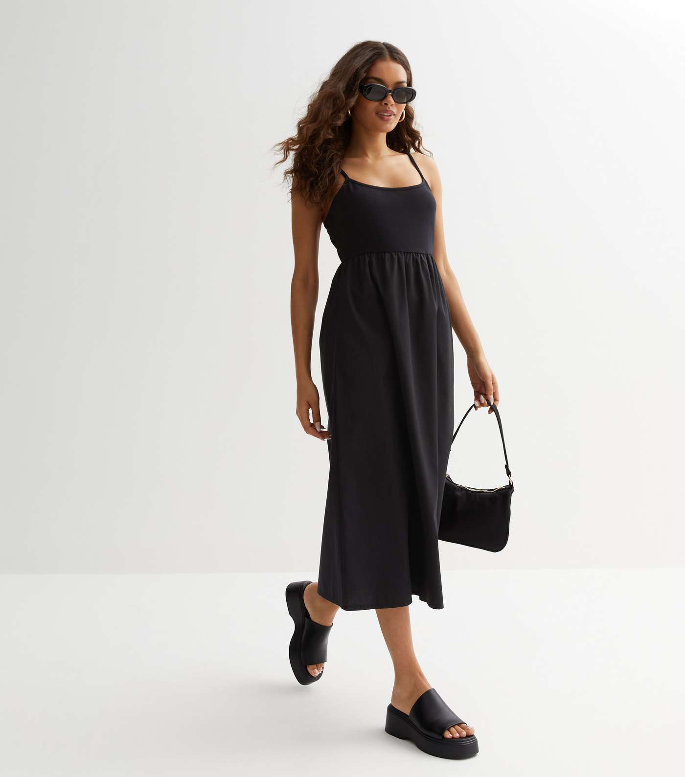 Petite Black Poplin Strappy Midi Dress Image 3