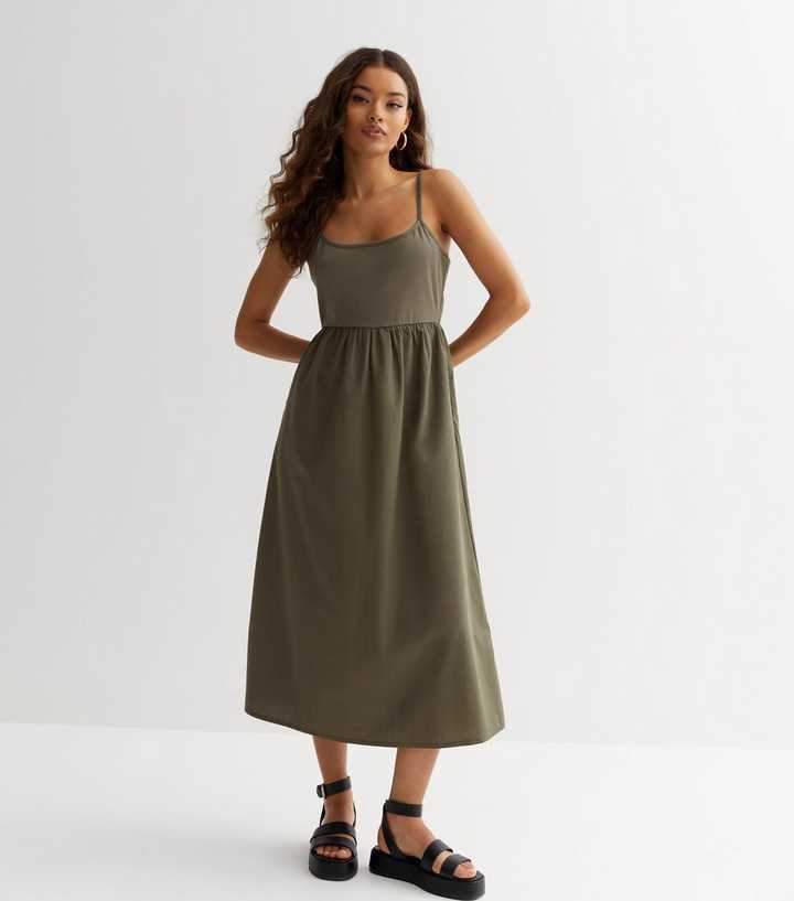 Petite Khaki Poplin Strappy Midi Dress | New Look