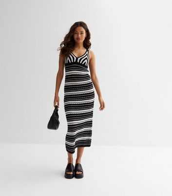 Petite Black Stripe Knit Strappy Midi Dress New Look
