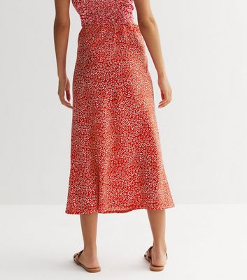 Petite Red Ditsy Floral Bias Cut Midi Skirt New Look