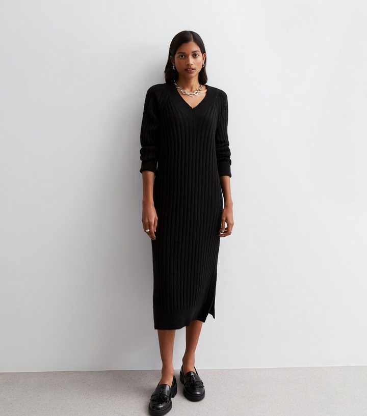 Black Ribbed Knit Split Hem Midi Dress