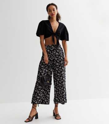 Tall Black Floral Wide Leg Crop Trousers