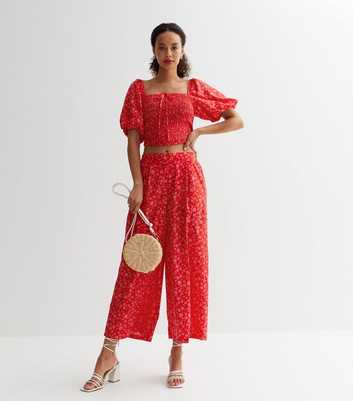 Tall Red Floral Wide Leg Crop Trousers