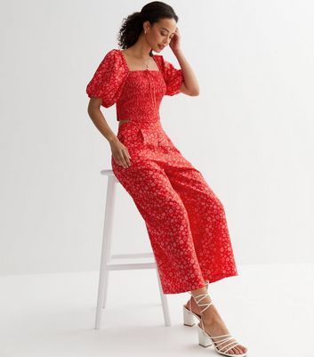 Tall Red Floral Wide Leg Crop Trousers New Look