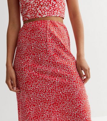 Tall Red Floral Bias Cut Midi Skirt New Look