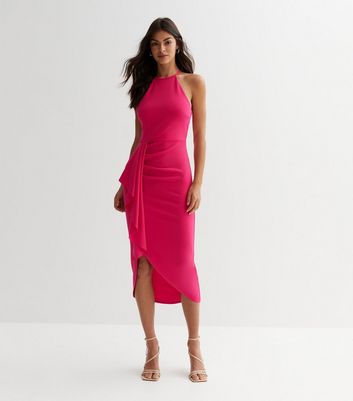 Mid Pink Ruffle Midi Wrap Dress New Look