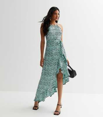 Blue Leopard Print Asymmetric Ruffle Hem Midi Dress