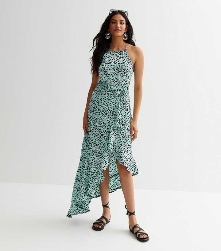 Blue Leopard Print Asymmetric Ruffle Hem Midi Dress | New Look