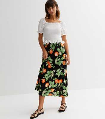 Black Fruit Split Hem Midi Skirt