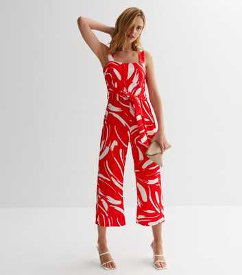 Red Abstract Tie Waist Crop Jumpsuit