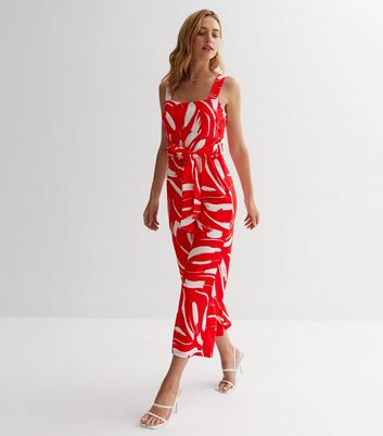 Red Abstract Tie Waist Crop Jumpsuit New Look