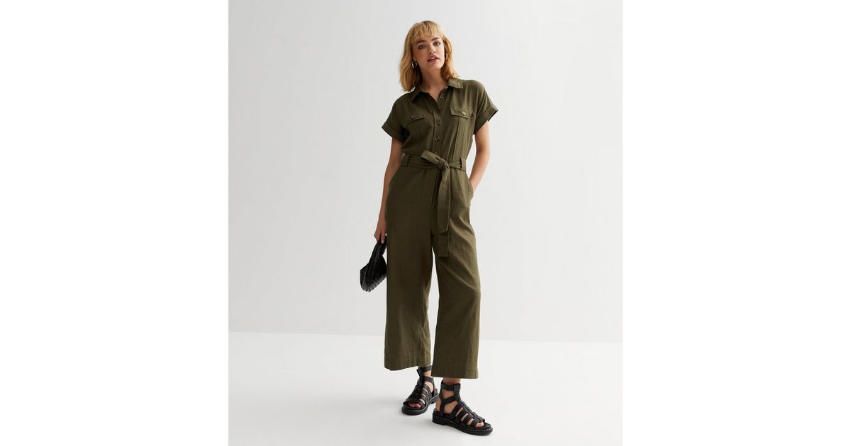 13688 Khaki Shirt Colloar Shorts Jumpsuit main image 1