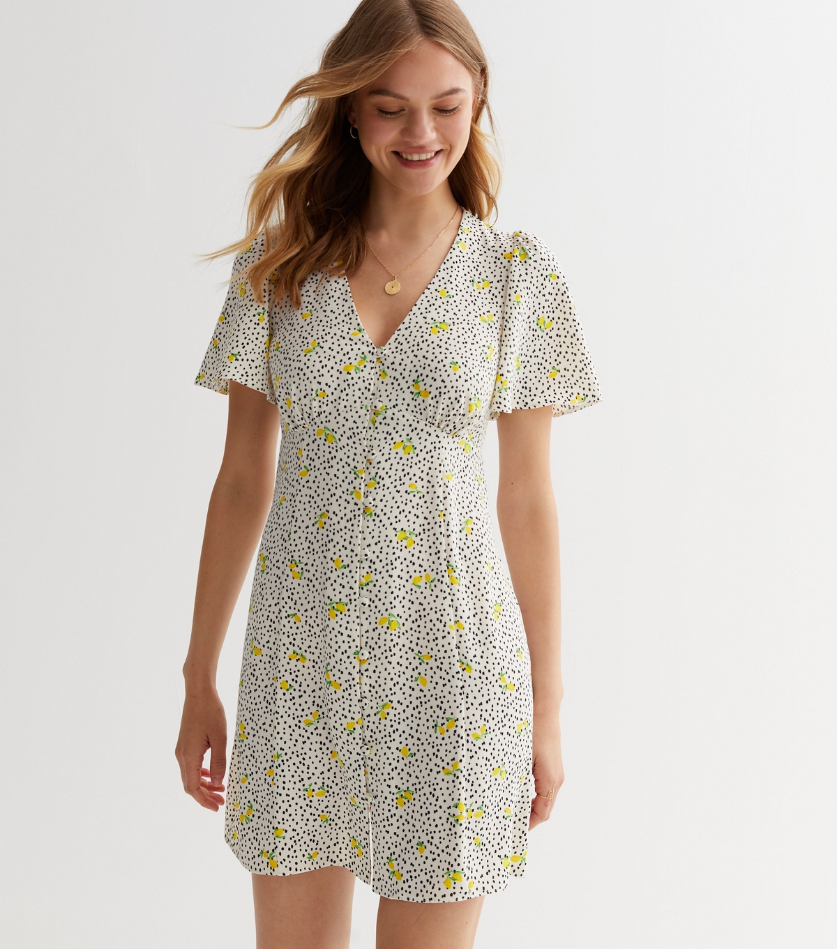 Women's White Lemon Spot Button Front Mini Dress New Look
