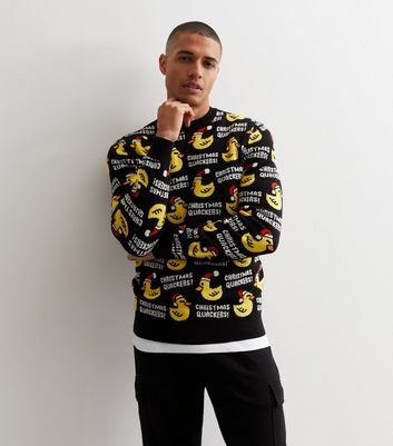 Men's Black Christmas Quackers Logo Knitted Jumper New Look