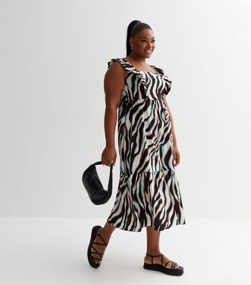 Curves Black Zebra Print Frill Midi Dress New Look