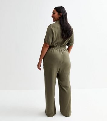 Curves Khaki Herringbone Button Front Jumpsuit New Look