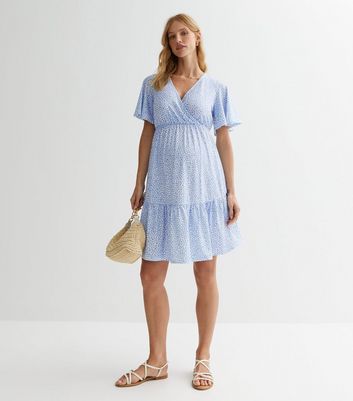 Maternity Blue Spot Flutter Sleeve Mini Dress New Look