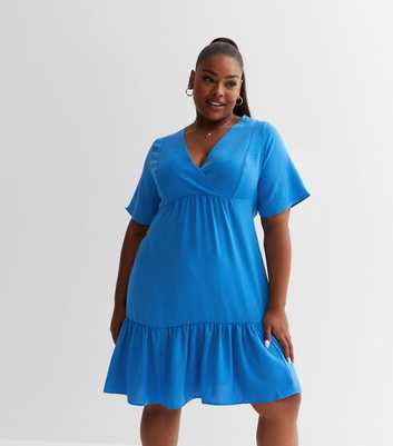 Curves Bright Blue V Neck Tiered Mini Dress