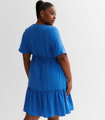Curves Bright Blue V Neck Tiered Mini Dress New Look