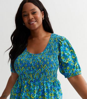 Curves Blue Floral Shirred Peplum Top New Look