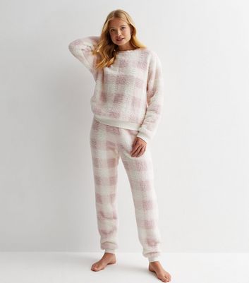 Pink Check Teddy Lounge Joggers New Look