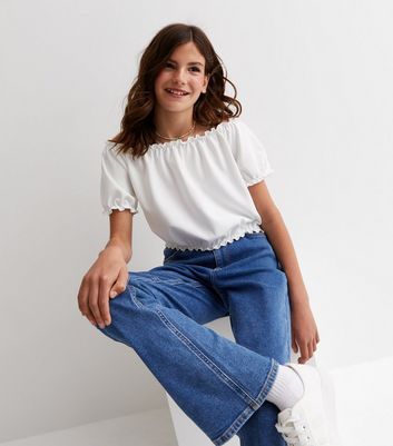 Girls White Frill Bardot Top