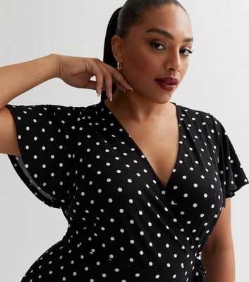 Curves Black Polka Dot Wrap Mini Dress New Look