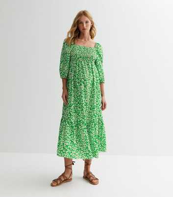 Maternity Green Leopard Print Puff Sleeve Tiered Midi Dress
