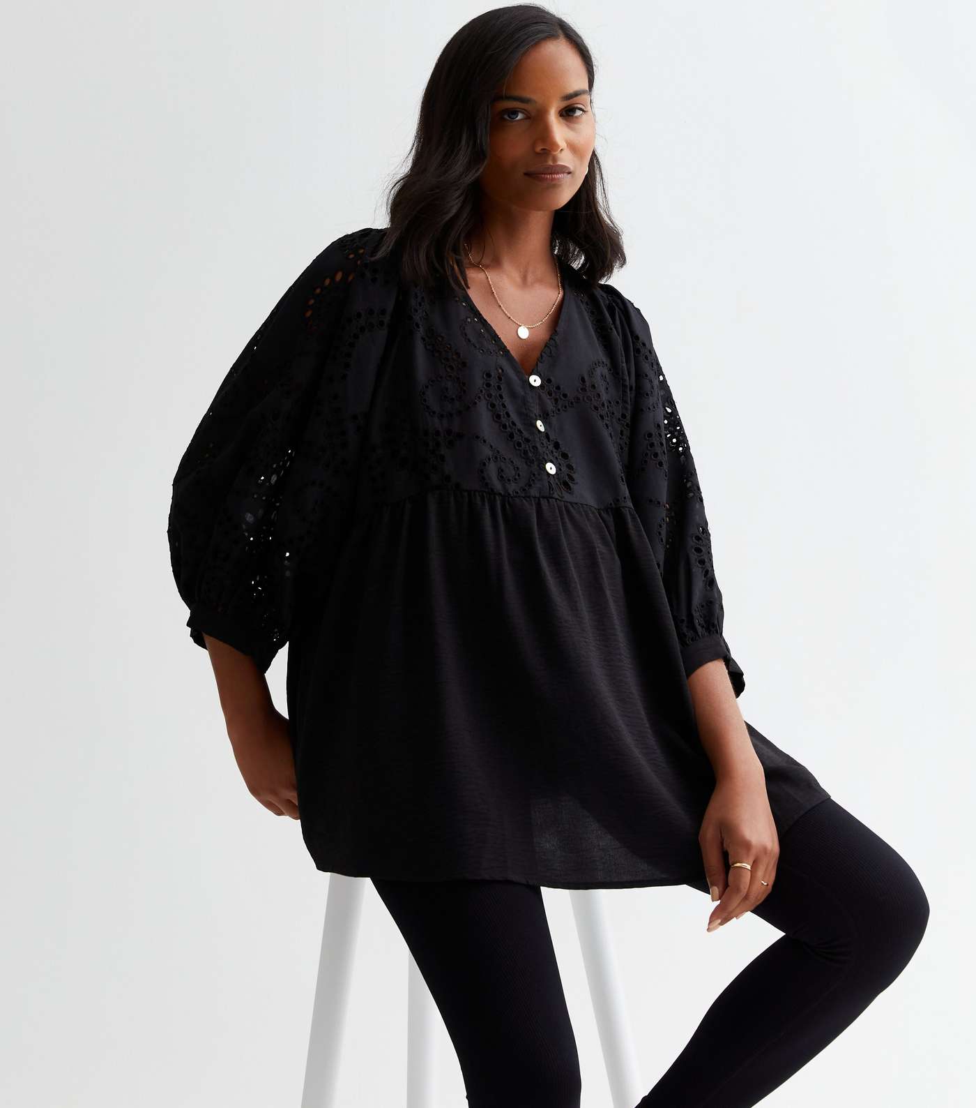 Maternity Black Broderie Button Blouse Image 2