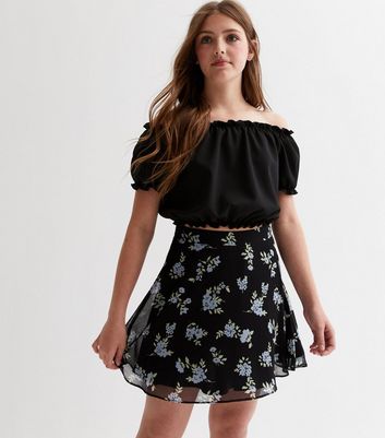 Girls Black Floral Chiffon Mini Skirt New Look