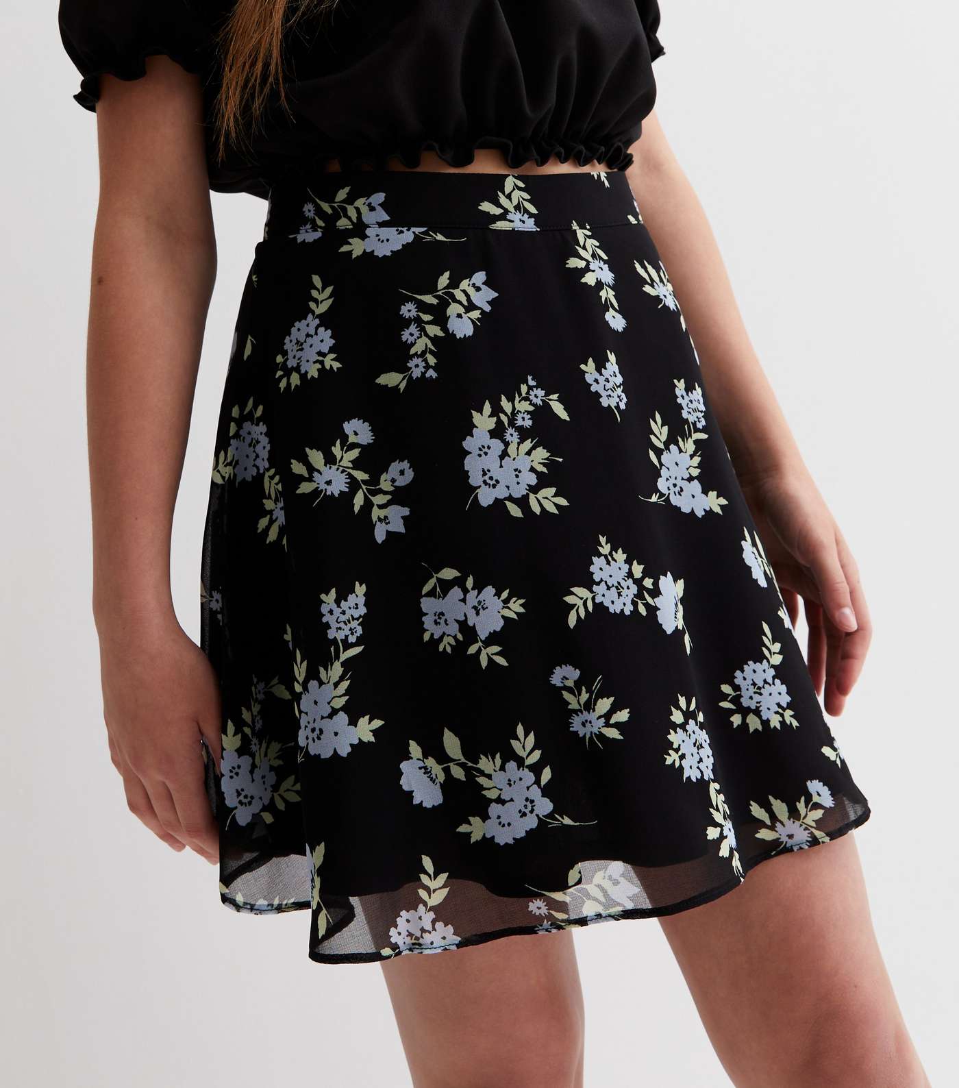 Girls Black Floral Chiffon Mini Skirt Image 2