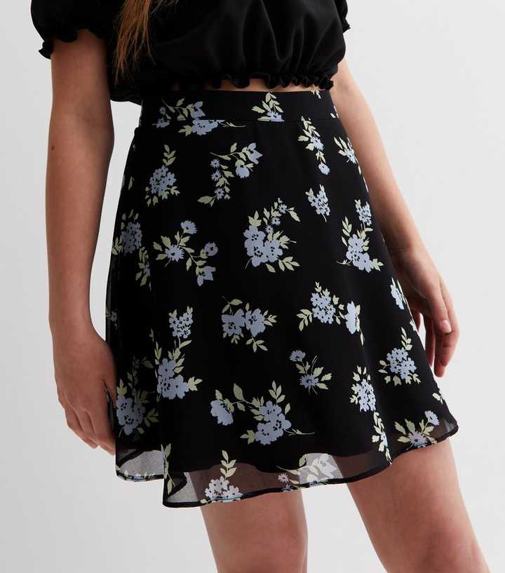 Girls Black Floral Chiffon Mini Skirt 