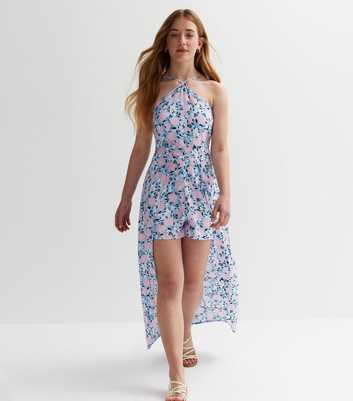 Girls Blue Floral Dip Hem Halter Playsuit
