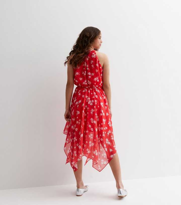 Girls Red Floral Hanky Hem Midi Dress | New Look
