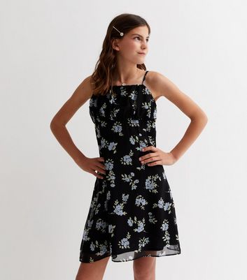 Girls Black Floral Ruched Strappy Mini Dress | New Look