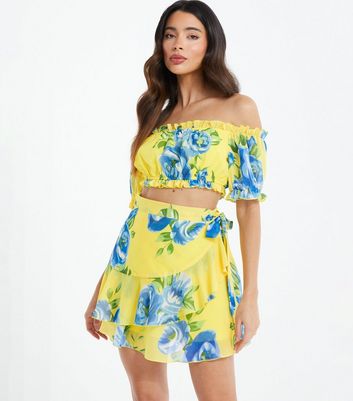 QUIZ Pale Yellow Floral Wrap Mini Skirt New Look