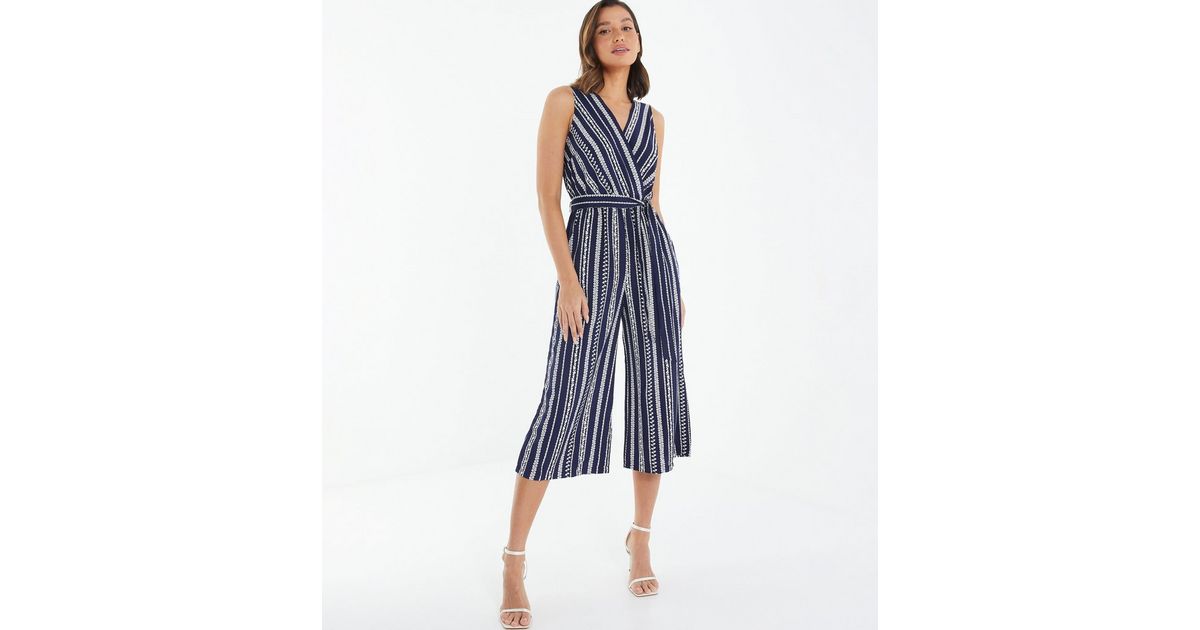 QUIZ Navy Stripe Wide Leg Wrap Jumpsuit New Look