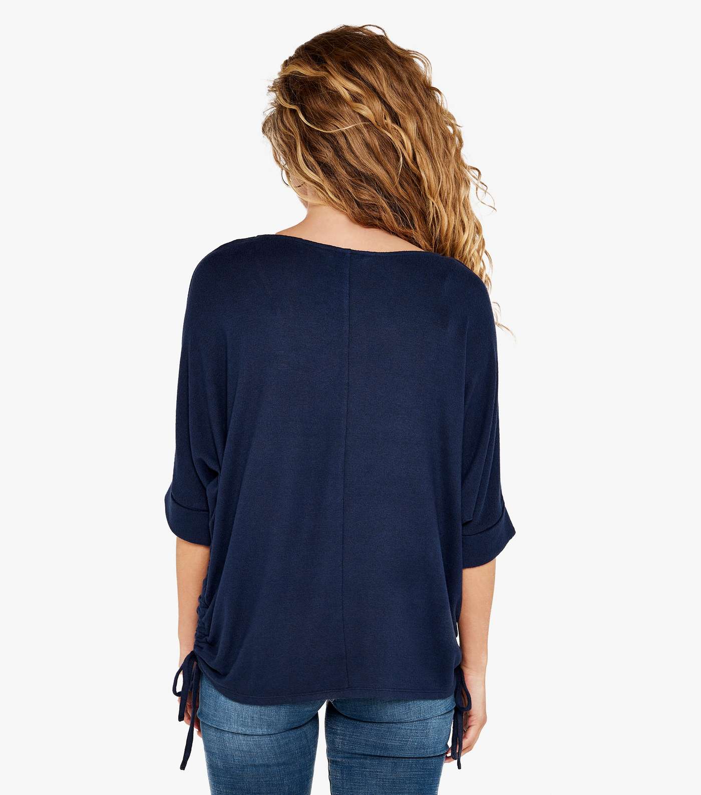Apricot Navy Soft Touch Ruched Side Batwing Top Image 3