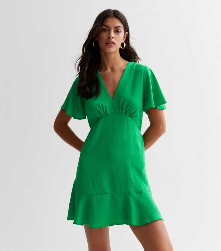 Green V Neck Tiered Mini Dress - Main Image